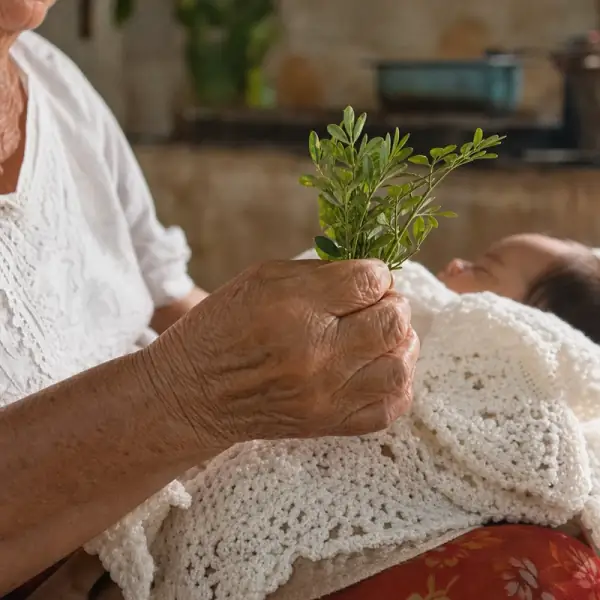 Mãos de uma avó com um ramo de arruda sobre a cabecinha de um bebê